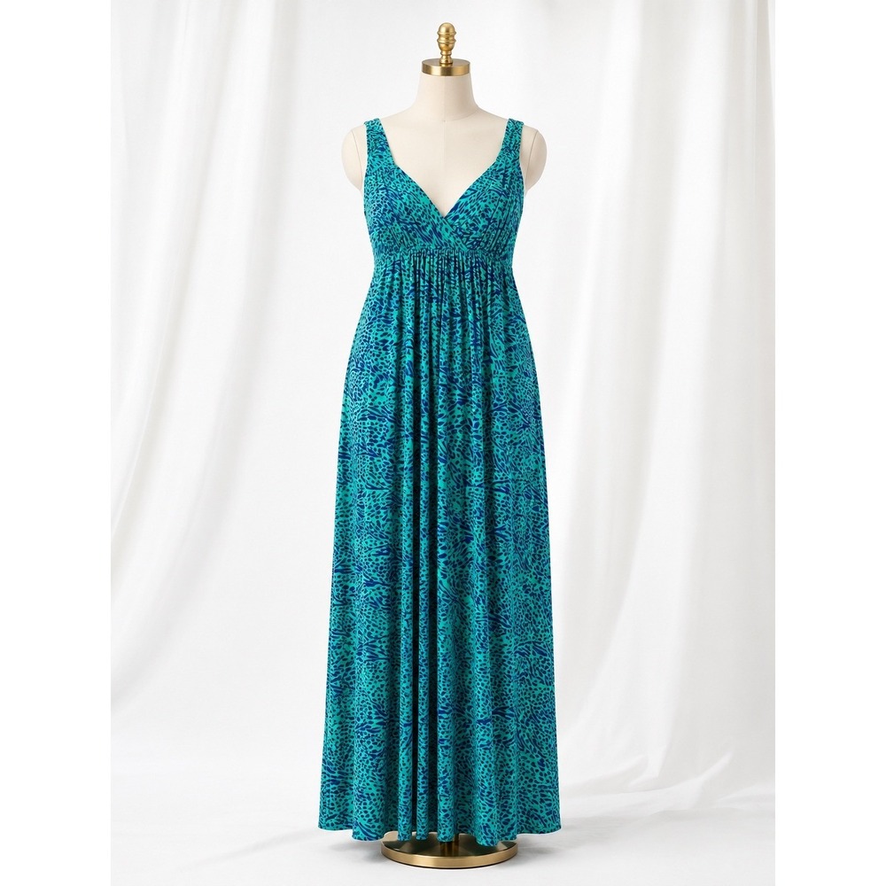Cacique Intimates Lounge Dress Maxi Size 14/16 Teal Animal Print Empire Waist